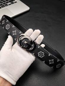 1 pièce Ceinture pour homme avec boucle automatique, imprimé lettre G et étoile, ceinture de taille décontractée pour le bureau, la maison, les fêtes et les voyages, 120cm - Noir - Voir 2