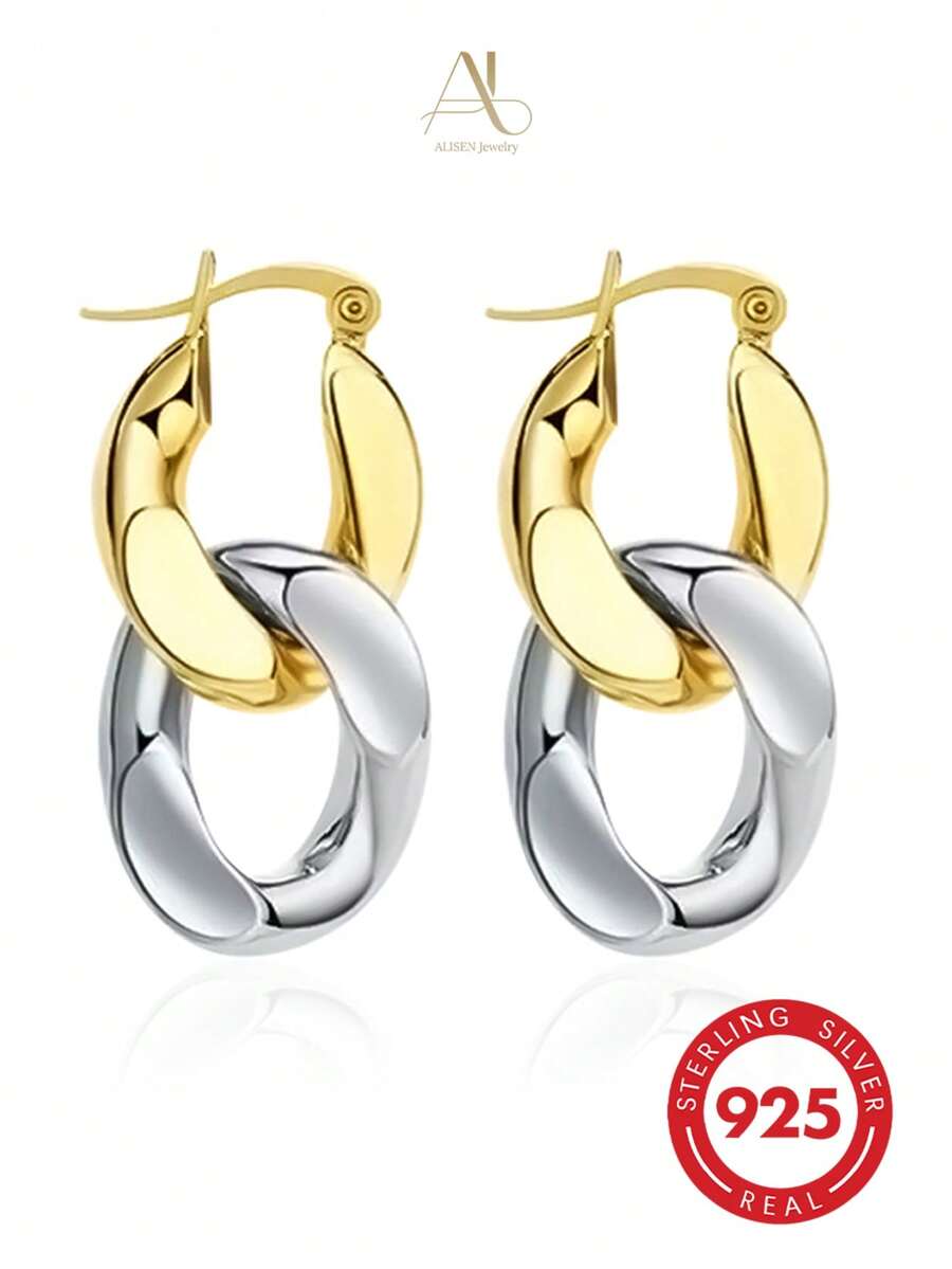 1 Pair Women's Minimalist Unique Niche 925 Sterling Silver Geometric Line Earrings, Suitable For Vacation And Daily Wear, Versatile Lightweight Luxury Texture, Ideal For Holiday Gifts - Gold and Silver - View 1