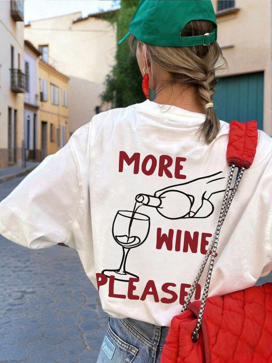 T-shirt à manches courtes, col rond et imprimé d'une illustration de verre à vin, style minimaliste et tendance pour l'été, polyvalent et élégant pour les femmes en blanc. - Blanc - Voir 1