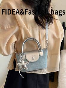 New Fashion Women's Handbag Solid Color Rhinestone Embellished Minimalist PU Dumpling Bag Premium Chic With Star Pendant Crossbody Suitable For Dating Shopping Versatile Exquisite Bag - Silver - View 11