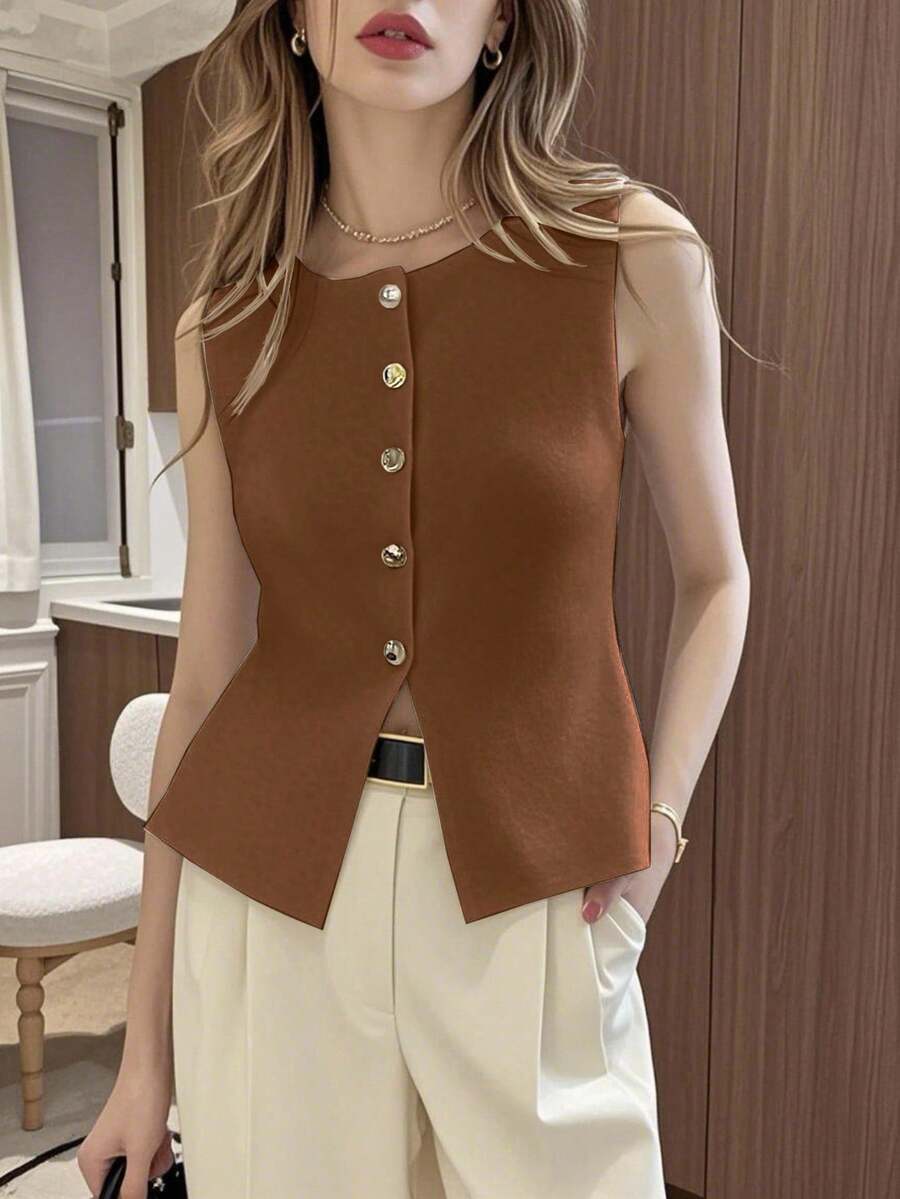 Women's Solid Color Sleeveless Knit Blouse With Front Buttons - Brown - View 1