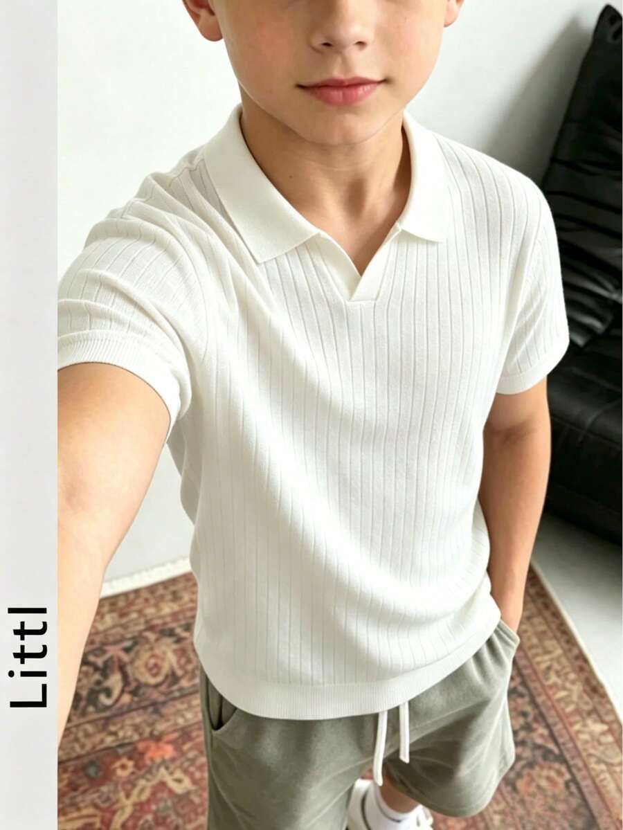 男童及青少年学生休闲纯色飞机领针织罗纹短袖T恤,春夏款 - 白色 - 查看 1