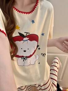 3pcs/Set Women's Pajama Loungewear Set, Round Neck Pullover Cute Puppy Pattern Print Short Sleeve Fashion Minimalist Shorts + Cropped Pants, Comfortable For Home, Suitable For Spring, Summer, Autumn - Multicolor - View 5