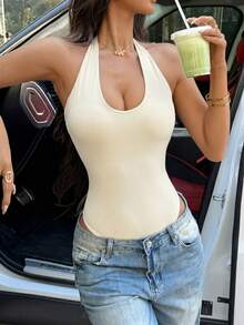 EDGEYOG Women's Summer Autumn Y2K Sexy Solid Color Tight Bodysuit Camisole, Low Cut Backless Spaghetti Strap, Suitable For Gym Yoga Party Fitness Running Back To School Season - Apricot - View 7