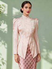 1pc Women's Kebaya Nyonya Floral Print Small Stand Collar Fabric Slit Blouse For Festival, Vacation, Daily Wear, Spring - Pink - View 4