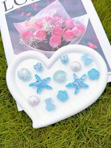 12pcs Blue (Starfish, Shell, Heart, Bear, Water Ripple Flower) Clog Shoe Charms DIY Creative Beach Casual Accessories - Fun, Versatile Personalized Footwear Style Perfect Gift For Holiday Parties And Special Occasions - Blue - View 1