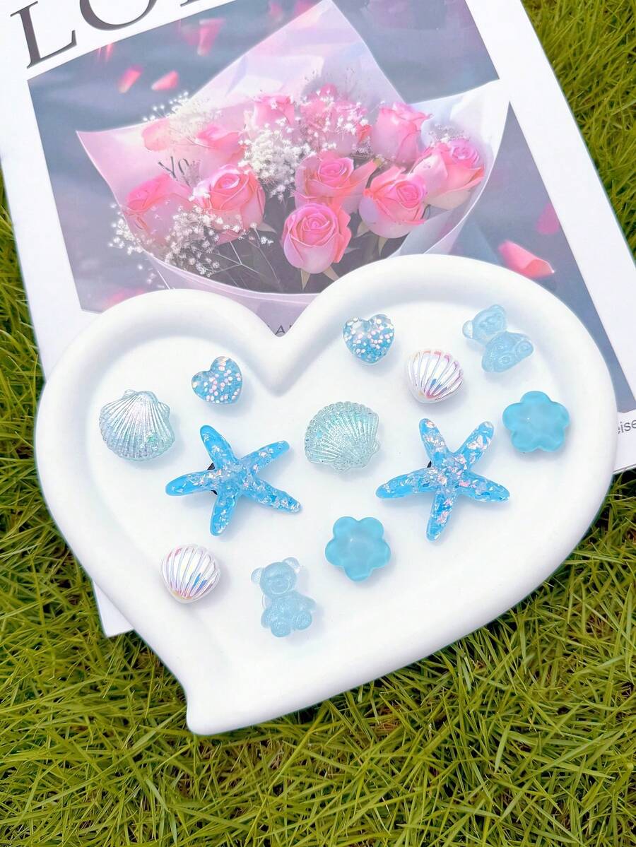 12pcs Blue (Starfish, Shell, Heart, Bear, Water Ripple Flower) Clog Shoe Charms DIY Creative Beach Casual Accessories - Fun, Versatile Personalized Footwear Style Perfect Gift For Holiday Parties And Special Occasions - Blue - View 1