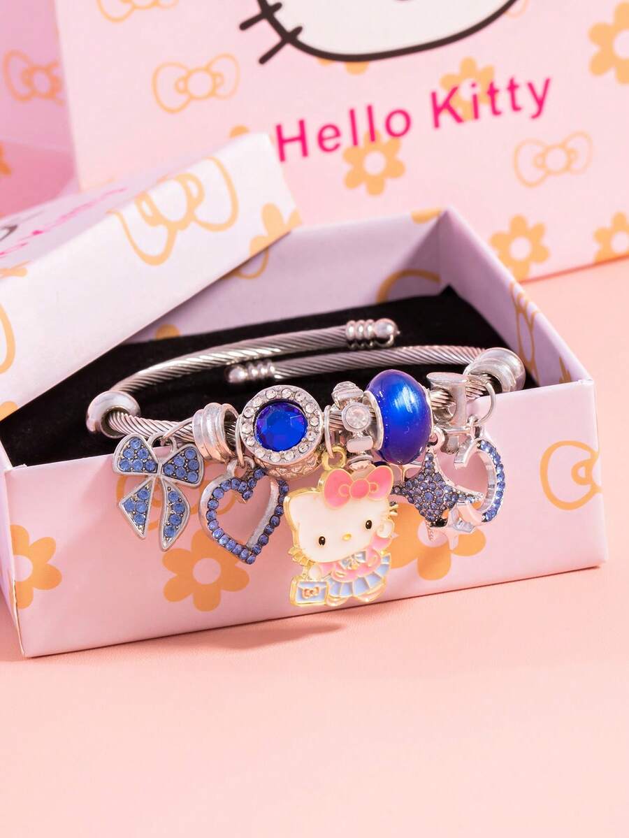 SANRIO 1件甜美可愛優雅小貓吊墜,藍色水鑽鑲嵌鏤空心形蝴蝶結吊墜手鍊,適合女性派對穿著,送給朋友的禮物 - 彩色 - 查看 1