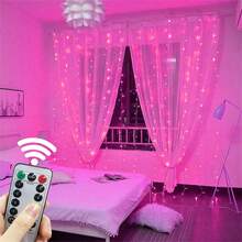 Decoración para fiestas de boda, decoración de patio, luces de hadas, decoración festiva, luces de cortina con 8 funciones alimentadas por USB, decoración de cumpleaños, control remoto con 8 modos de parpadeo, adecuado para Navidad, Halloween, decoración de jardín, luces de cadena colgantes, luces de cadena para decoración de camping, decoración de ambiente para sala de estar, dormitorio y cocina, luces colgantes de colores, decoración de guirnalda de cuento de hadas - Cadena de luces de cortina USB - Ver 17