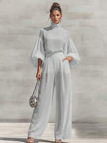 Women's Jumpsuit Romantic Date Night High Neck Long Sleeve Puff Sleeve Wide Leg Belted Waist Silky For Anniversary Valentine's Dinner Lavender - 灰色 - 查看 1