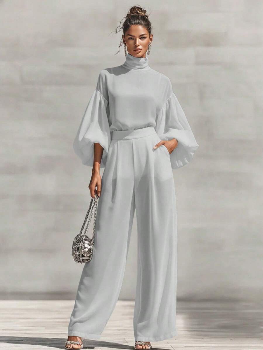 Women's Jumpsuit Romantic Date Night High Neck Long Sleeve Puff Sleeve Wide Leg Belted Waist Silky For Anniversary Valentine's Dinner Lavender - 灰色 - 查看 1