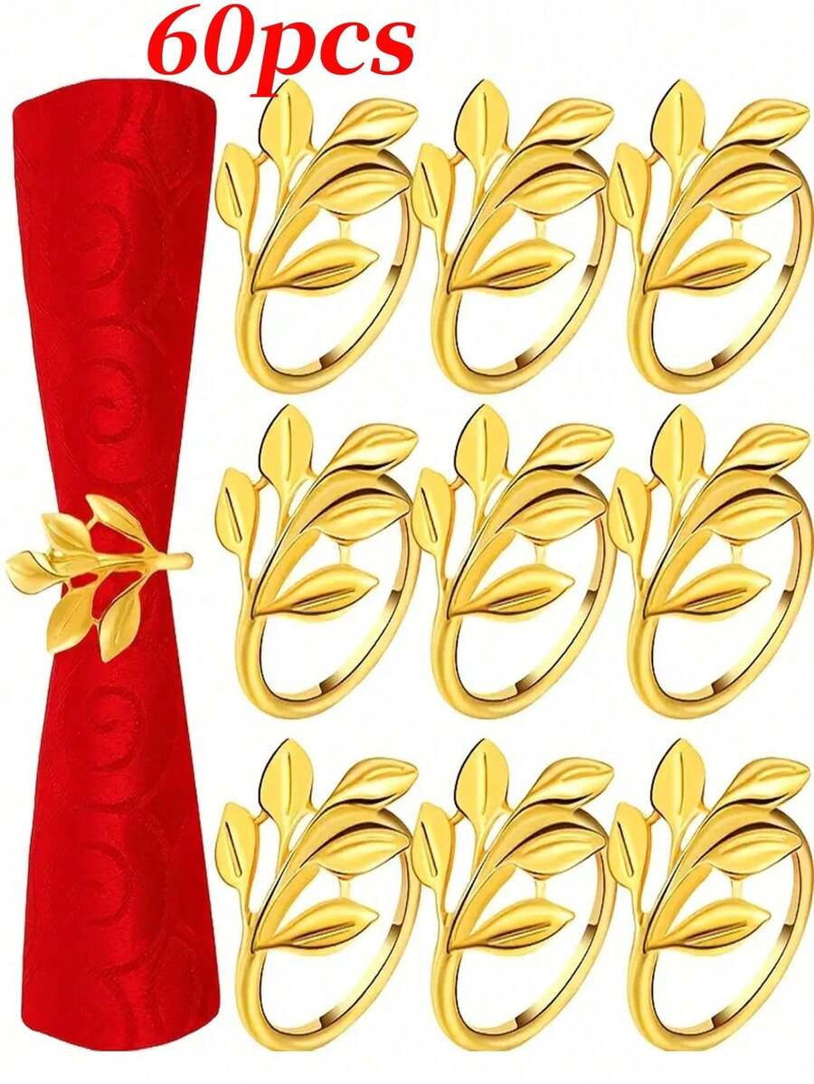 Gold Alloy Napkin Rings, Napkin Rings With Gold Tree Leaves, Reusable, With Smooth Edges, Easy To Clean, Suitable For Weddings, New Year's Parties - Gold - 60 Units - View 1