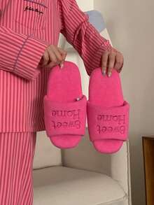 XIXITIAO Letter Embroidered Couple Slippers Four Seasons Universal Silent Home Floor Shoes Breathable Lightweight Thin Sole Slip-On - Hot Pink - View 10