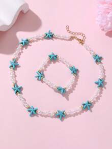 2pcs/Set Girls Pearl Starfish Beaded Necklace & Bracelet Set, Suitable For Daily Decoration - Multicolor - View 1