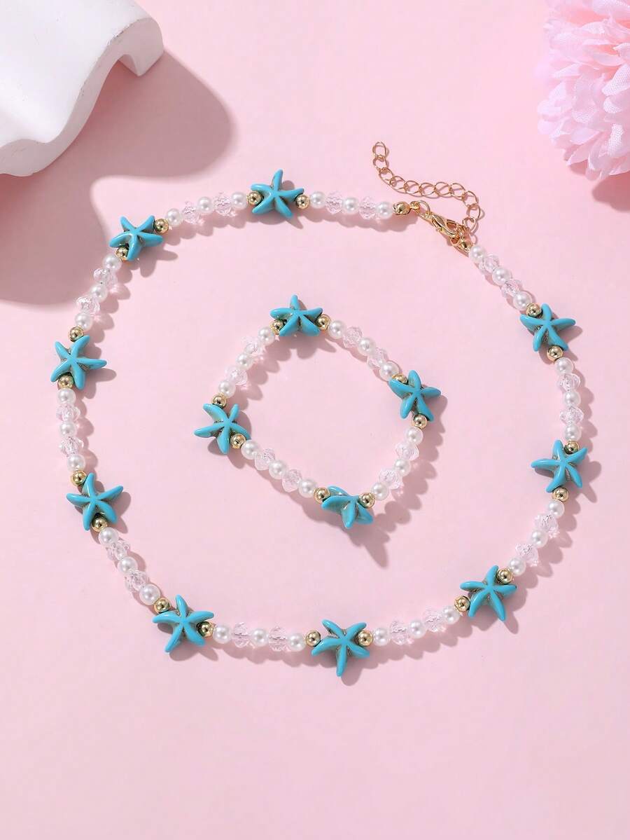 2pcs/Set Girls Pearl Starfish Beaded Necklace & Bracelet Set, Suitable For Daily Decoration - Multicolor - View 1
