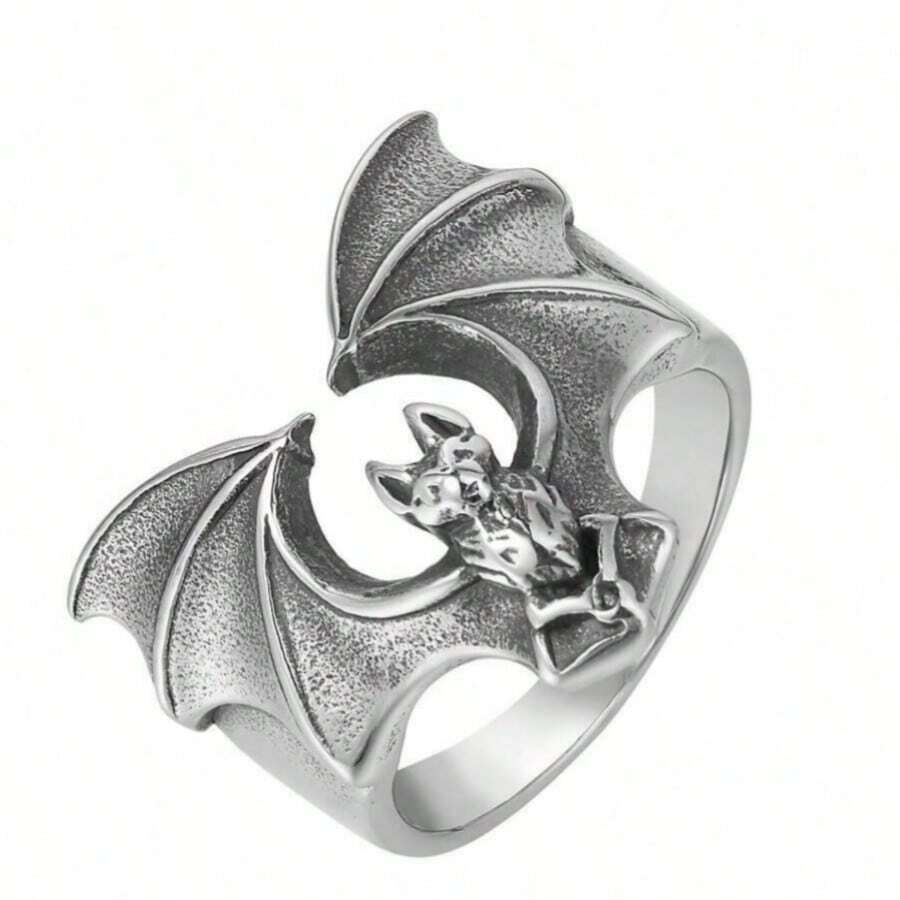 1pc Bat Design Stainless Steel Ring, Fashion Unisex For Halloween, US Size - Black - View 1