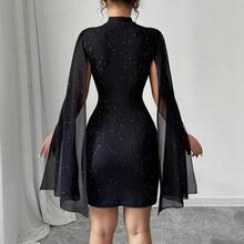 Vestido corto ajustado de cuello alto con purpurina negra para mujer, con manga de capa de gasa y diseño brillante acanalado para fiestas y discotecas. - Azul - Ver 3