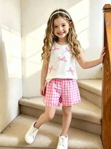 Young Girl Summer Bow Decor Top And Plaid Shorts Set - White - View 1