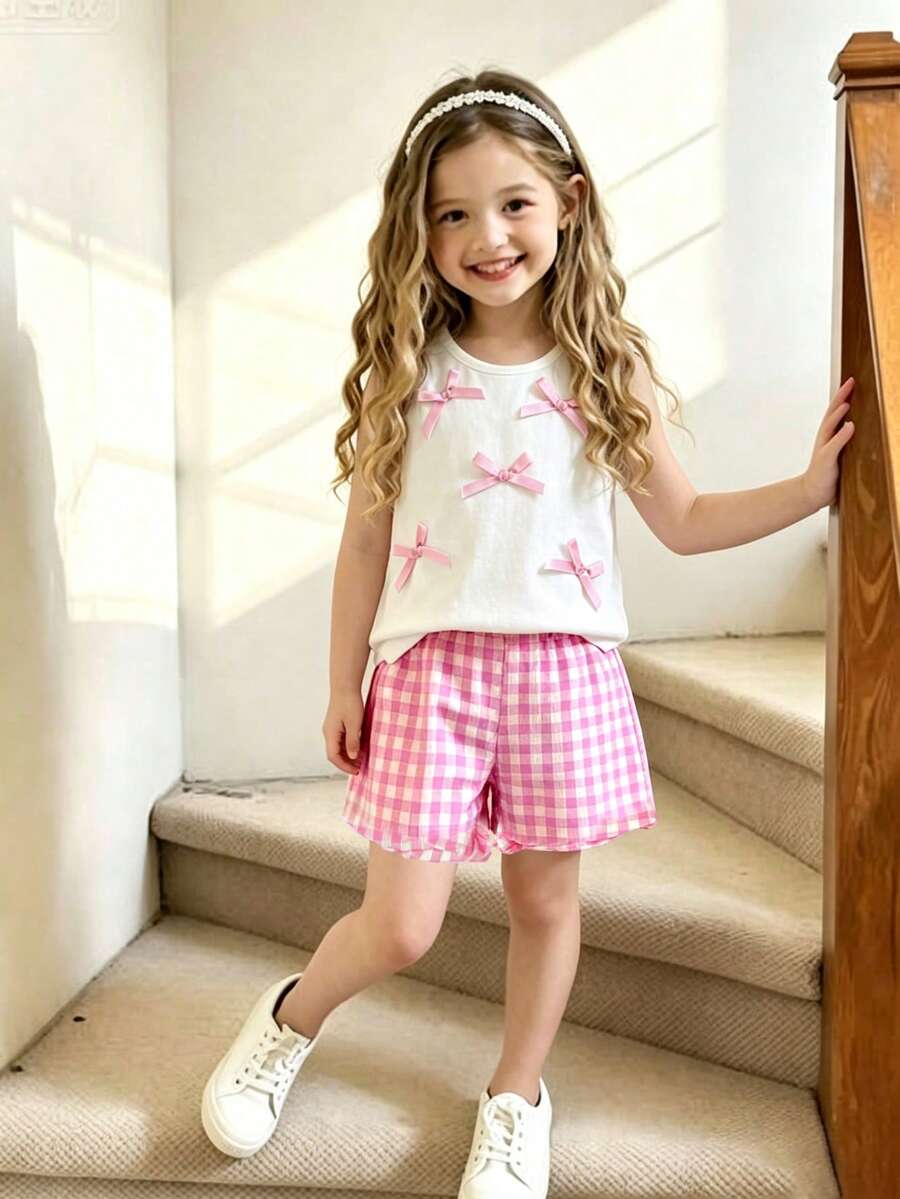 Young Girl Summer Bow Decor Top And Plaid Shorts Set - White - View 1