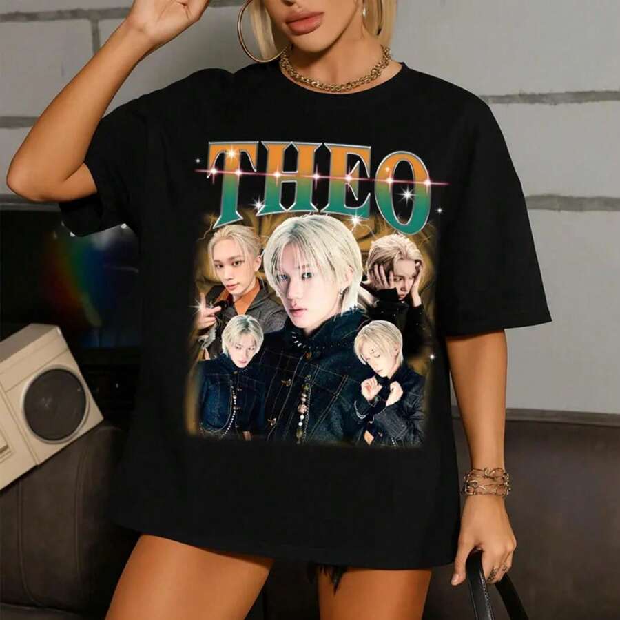 Theo P1harmony Retro T-Shirt, P1Harmony Duh! Album T-Shirt, P1Harmony 2025 Live Tour T-Shirt, P1ustage H Most Wanted T-Shirt, P1Harmony Members T-Shirt - 黑色 - 查看 1