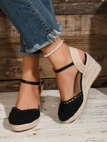 Closed-Toe Breathable Deep Instep Fashion Lightweight Hemp Rope Wedge Heel Women's Shoes - Black - View 6
