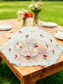 1pc Small Cherry Outdoor Food Cover Mesh, Foldable Mesh Tent Dome Design, Cherry Blossom Lace Trim Decoration, Picnic Table Protection Cover, Food Storage Accessory, Essential For Spring/Summer Outdoor Picnic And Camping - Multicolor - View 2