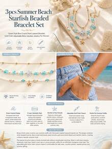 3Pcs/Set Boho Beach Bracelet Set With Starfish Charm, Ocean Style Blue Stone Beads, Faux Pearl & Gold Chain, Women Summer Jewelry Gift - Multicolor - View 3