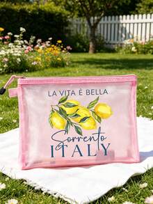 "Lemon Sorrento Italy" Pattern Multifunctional Mesh Cosmetic Bag, Travel Makeup Bag, Summer Bag, Women's Handbag, Office Makeup Bag, Women's Bag, Wallet, Lightweight Breathable Zipper Organizer Bag For Pencils, Coins, Small Storage, Credit Cards, Chargers, Passports, Lipsticks, Travel Accessories, Pencil Case, Wallet, Fashionable Women's Summer Holiday Gift, Friend, Colleague, Birthday, Graduation Season Gift - Multicolor - View 10