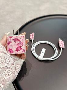 Juego de 4 piezas de Tortuga Marina Rosa Compatible con Funda Protectora de Cargador de 17, Funda Protectora de Cabezal de Cargador Rápido Anti-Daños de 20W y Funda Protectora de Cable de Datos de 18W, Cabezal de Cargador o Cable No Incluidos - Rosa - View 3