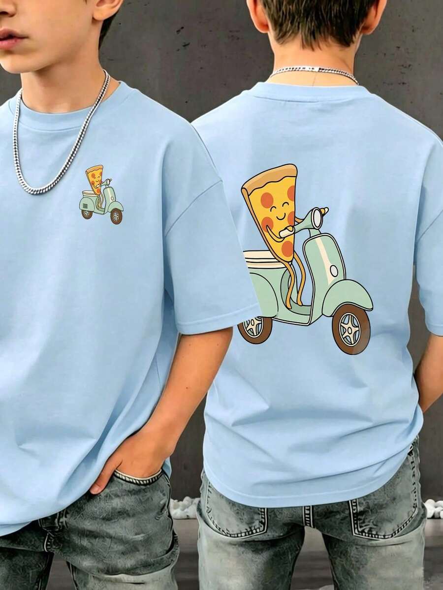 T-Shirt With A Print Of A Pre-Teen Boy Assembling A Pizza, Made Of Soft And Comfortable Fabric, Suitable For Children In Outdoor Sports, Casual Wear, Street Style - 酒紅色 - 查看 1