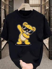 Camiseta de hombre con estampado de un oso bailando con gafas de sol, top de manga corta casual y elegante, adecuada para uso diario, deportes y fitness, camiseta con diseño lindo, camiseta - Negro - Ver 1