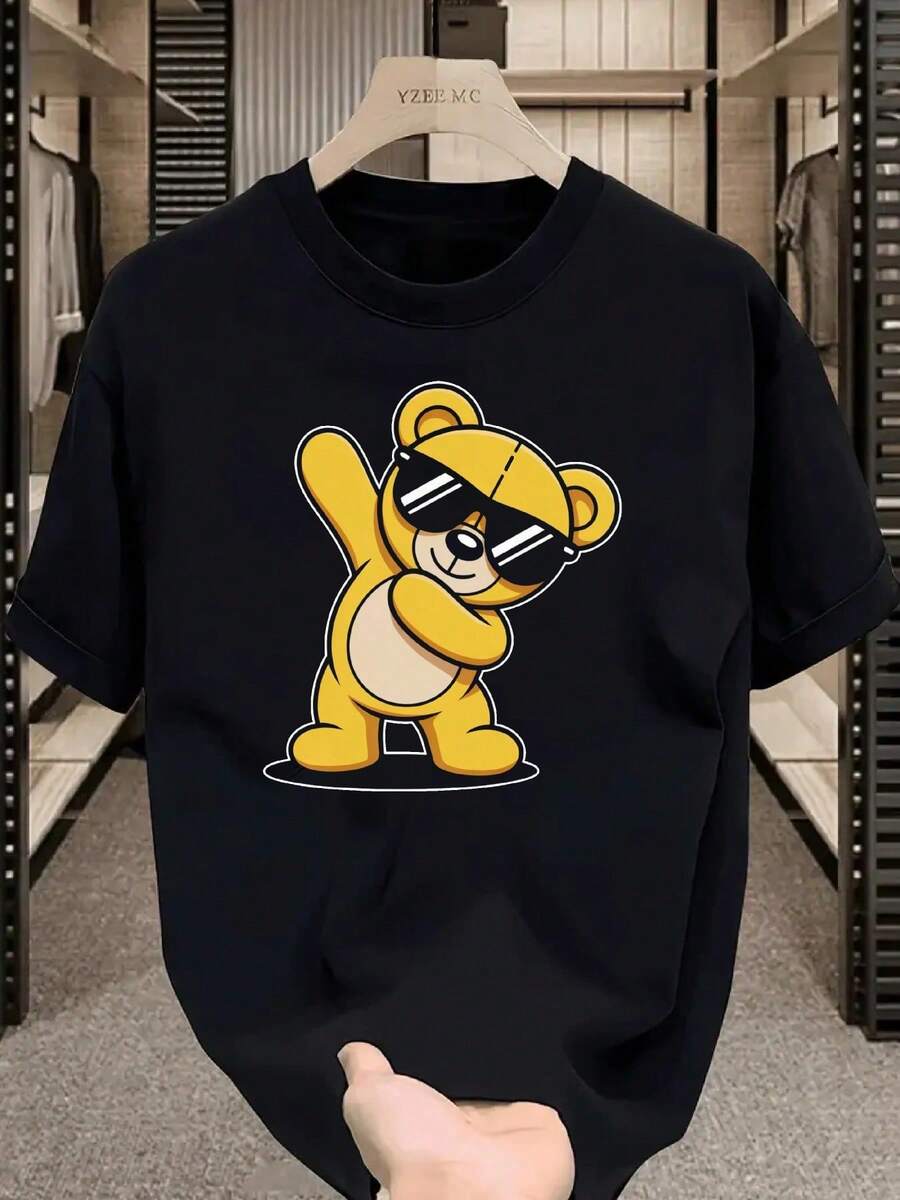 Camiseta de hombre con estampado de un oso bailando con gafas de sol, top de manga corta casual y elegante, adecuada para uso diario, deportes y fitness, camiseta con diseño lindo, camiseta - Negro - Ver 1