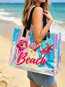 Holographic Rainbow Starfish & Shell Print Transparent Tote Bag, Colorful Transparent Beach Bag, Large Waterproof PVC Swimming Bag, Portable Transparent Travel Shoulder Bag, Lightweight Durable Pool Bag, Fashion Transparent Handbag Suitable For Beach Vacation, Swimming, Sports Training, Fitness, Travel, Daily Outings, Shopping, Mother's Day, Birthday, Anniversary, Party Gifts For Women, Girls, Moms, Friends, Summer Essential - Multicolor - View 4