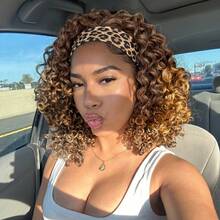 Blonde Curly Headband Wig 12 Inch Kinky Ombre Brown Mixd Blonde Highlighted Headband Wigs For Women Short Glueless No Lace Deep Curly Half Hair Wigs (T33/27) - 12inch-Curly-T33/27 - 查看 1