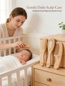 Personalized Name 3-In-1 Hair Brush & Comb Set With Floral Patterns. Natural Beech Wood Grooming Kit, 1/3pcs Brush&Comb, Baby Shower Gift For Newborns. - Multicolor - View 5
