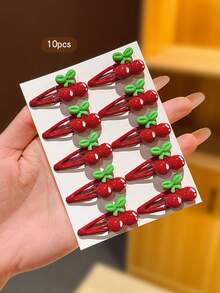 10pcs Red & Purple Cherry BB Hair Clips, Cute Women's Side Hair Clips, Flyaway Hair Clips, Suitable For Daily Use Hair Accessories - Red - View 5