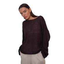 Open Knit Sweater. New Women's Model From The Spring-Summer 2026 Collection: Fine And Transparent Knit T-Shirt With Wide Round Neck And Flared Sleeves. - Brown - View 2