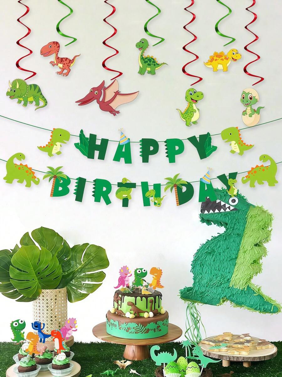 Dinosaur Happy Party Decorations, Dinosaur Happy Birthday Banner, Hanging Decor, Dinosaur Cake Toppers, Suitable For Dinosaur Theme Birthday Party Decoration, Baby Shower - Multicolor - View 1