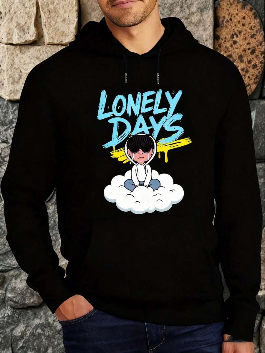 Hombre003 Sudaderas de moda para hombre con patrón de columpio de dibujos animados, bolsillo canguro y cordón, manga larga versátil y elegante - Verde militar - Ver 1