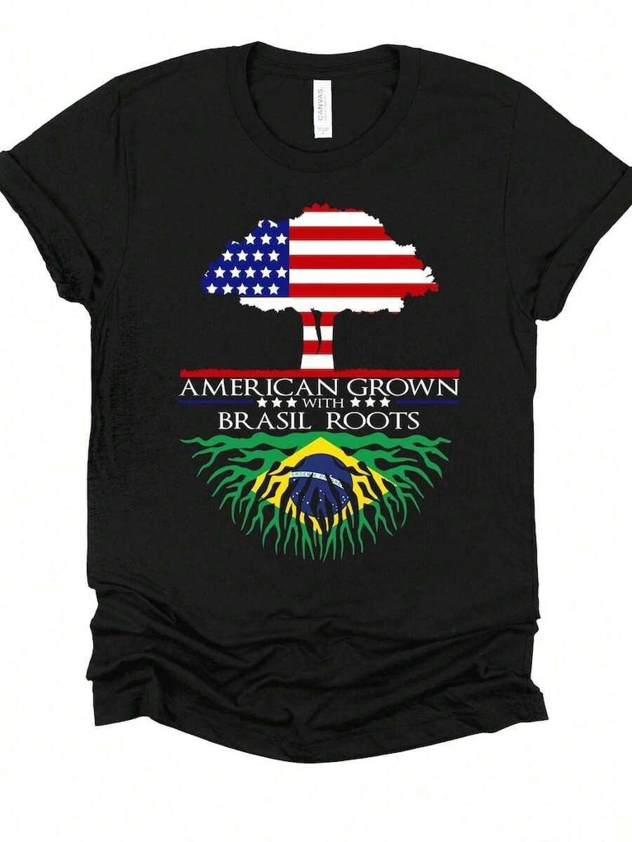 Camiseta popular para hombre, Camisa Brasileña Americana | Camiseta "Raíces de Brasil, Cultivado en Estados Unidos" | Regalo de Orgullo de Brasil y Estados Unidos | Brazili - Negro - Ver 1