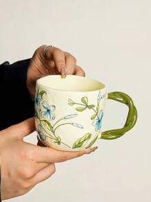 1 peça Chávena de café de cerâmica com flor azul e folha verde, chávena de cerâmica assimétrica de estilo europeu, chávena de café, caneca, chávena de café latte, design fresco, chávena de leite para pequeno-almoço em casa, chávena de sumo, chávena para bebidas frias, chávena de chá com leite, chávena de presente, utensílios para beber - Multicolorido - Ver 6