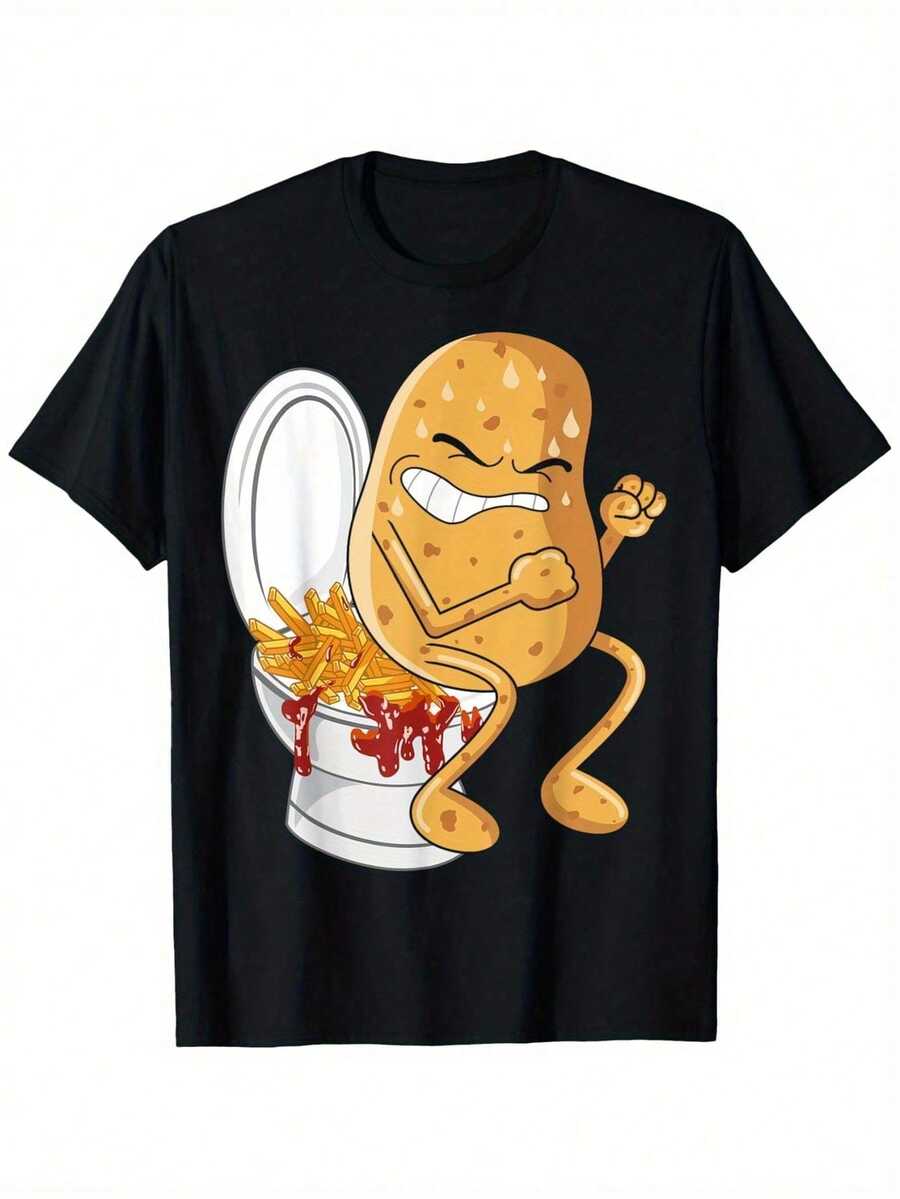 Playera casual hombre Camiseta Gráfica Divertida de Patata Haciendoó en el Inodoro con Papas Fritas -% Algodón, Suave y Transpirable, Unisex para Hombres y Mujeres, Todas las Edades - Negro - Ver 1