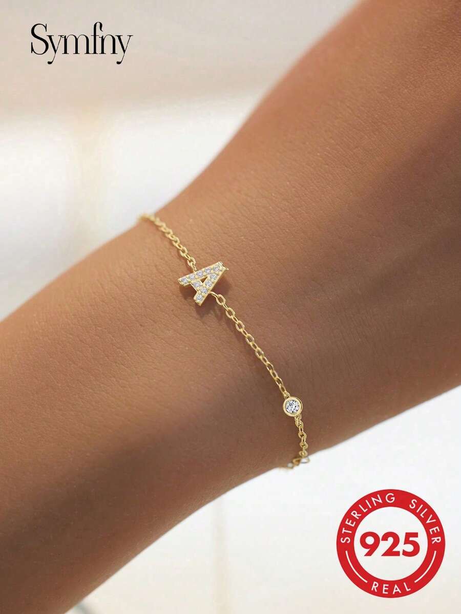 SYMFNY 1pc 925 Sterling Silver Minimalist Cubic Zirconia 26 Letters A-Z Bracelet