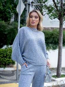 Women's Cold Weather Set In Ribbed Mousse Knit - Oversized Blouse And Pants - Fits Sizes 36 To 44 - Textured Pattern - Wool-Like Fabric - Pocket - Drawstring - Women's Clothing - Daily Wear - Autumn/Winter - Dark Beige - View 7