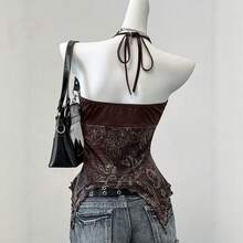 Women's Y2K Style Halter Crop Top With Brown Paisley Print, Wooden Ring Detail At The Front, And Irregular Ruffled Hem - Black - View 3