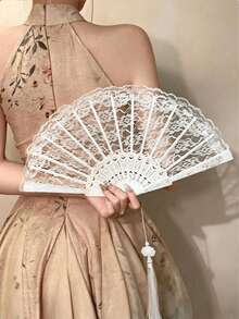 1pc French Retro Lace Tassel Folding Hand Fan, Portable Summer Dance Fan - White - View 2