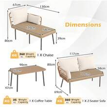 COSTWAY 3-Piece L-Shaped Outdoor Patio Sofa Set, Boho Rattan Outdoor Conversation Set W/Cushions, Coffee Table & Removable Covers, Sectional Lounge Set For Porch, Balcony & Backyard, Brown/White - Brown - View 5