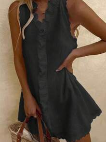 2026 Summer Sleeveless V Neck Ruffle Trim Mini Dress, Scalloped Hem Loose Linen Short Dress, Casual Beach Cover Up For Vacation & Daily Outfit - 黑色 - 查看 3