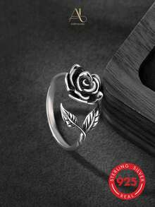 1pc Vintage Chic Niche Unique 925 Silver Rose Flower & Leaf Open Ring, Versatile For Women, Suitable For Vacation, Party, Daily Wear, Valentine's Day Gift - Silver - View 6