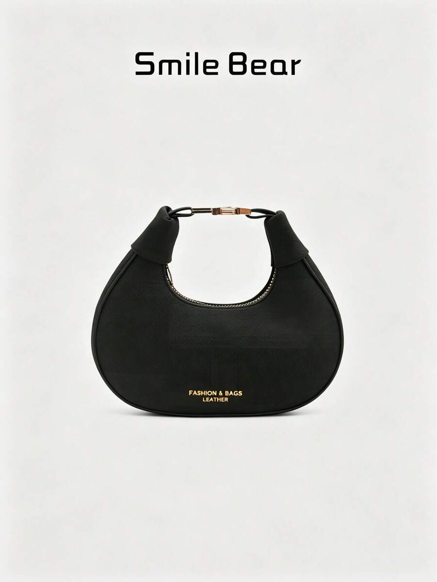 New Solid Color Textured Crescent Underarm Bag, Letter Print With Metal Buckle Hardware, Minimalist Daily Commute Small Bag, Suitable For Shopping, Work, And Everyday Outfits.